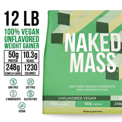 Vegan Mass Gainer Supplement - Unflavored (Vegan) 12LB for Convenient High - Calorie Nutrition Shakes